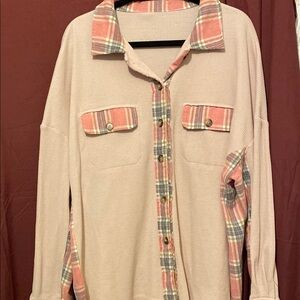 Plaid Button-Up Shirt with Pink Accents